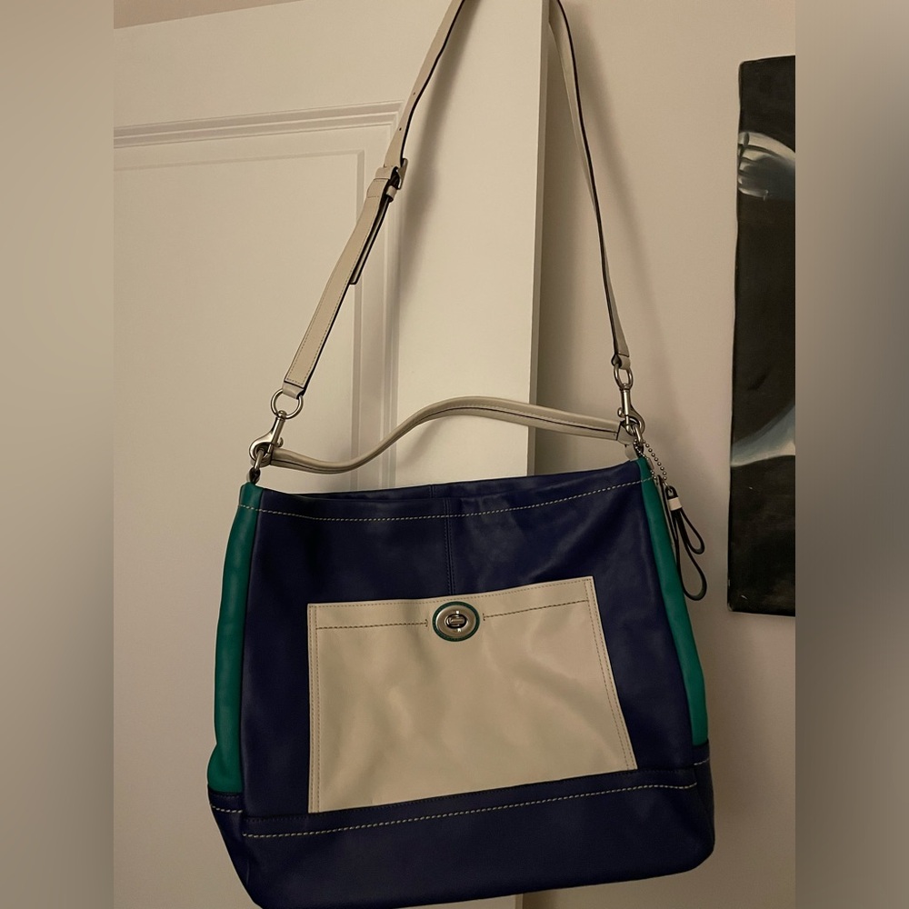 Coach Purse - leather navy blue/white/green